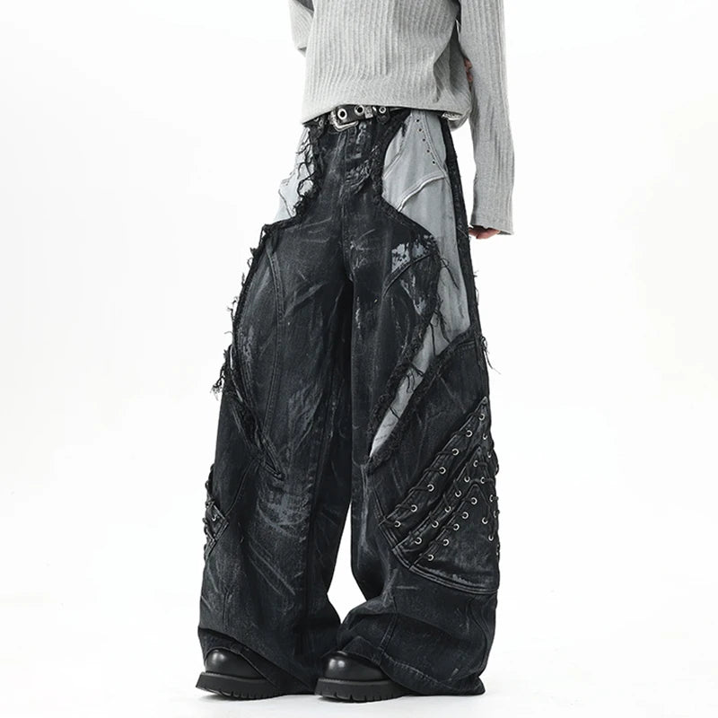 High Street Men's Denim Trousers Patchwork Contrast Color Drawstring Raw Edge Dirty-dying Worn-out Male Jeans New