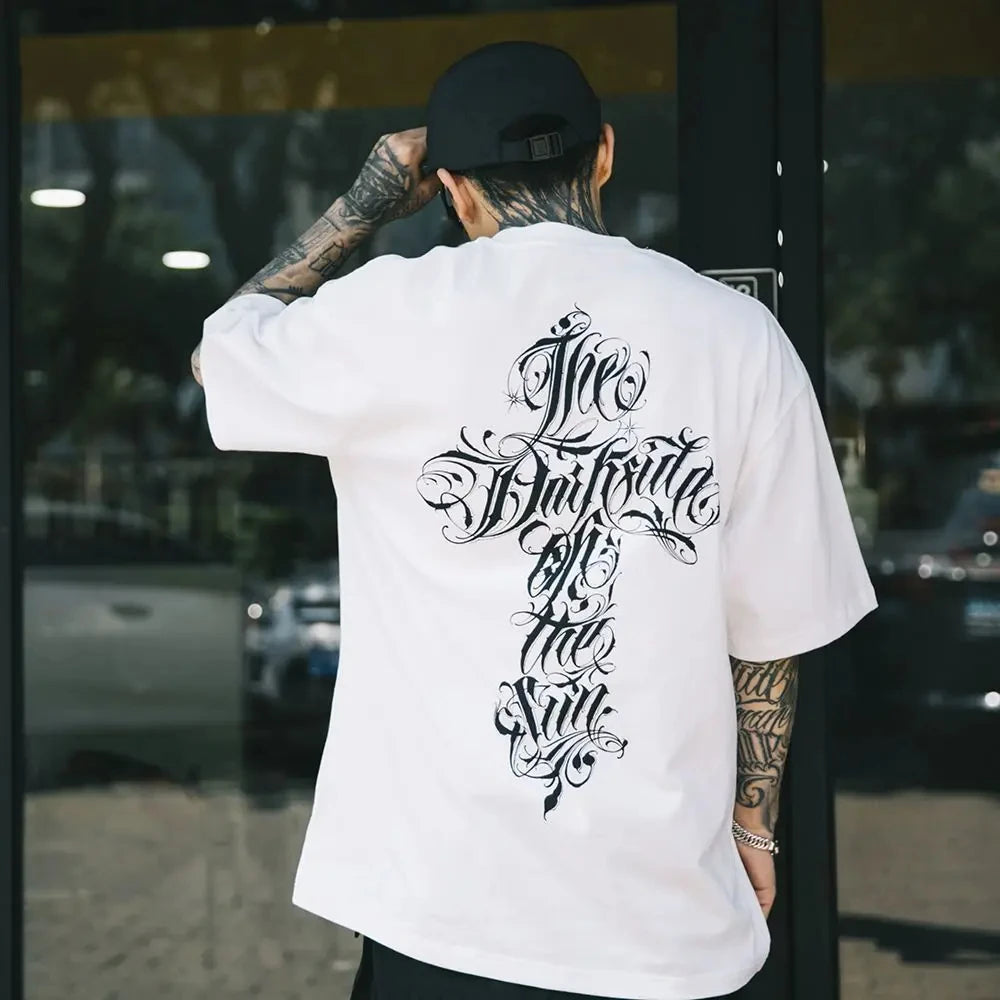 Harajuku Streetwear Hip Hop Men's Tattoo Chicano Front Fross Short Sleeve T-shirt Personality Gangster West Coast Streetwear