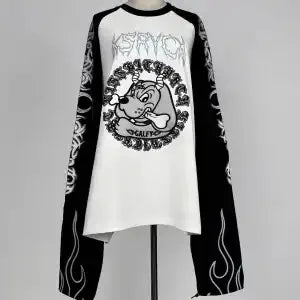 Japanese Harajuku Streetwear Co-branded Subculture Tattoo Embroidery Flame Long Sleeve Oversized Sleeve T-Shirt