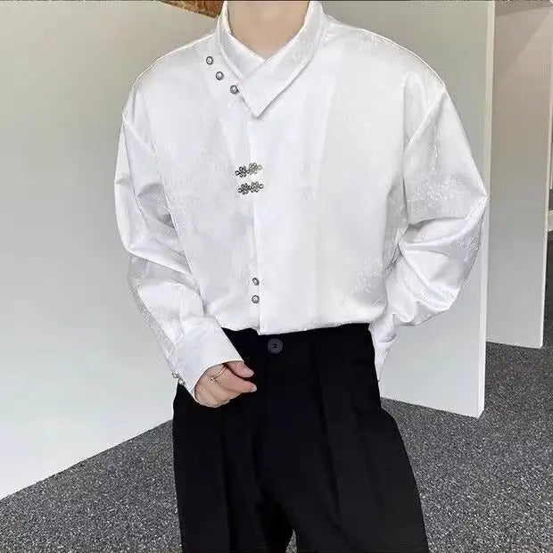 Style National Style Satin Irregular Dark Pattern Stand Collar Trendy Retro Metal Plate Button Long-sleeved Shirt for Men Women