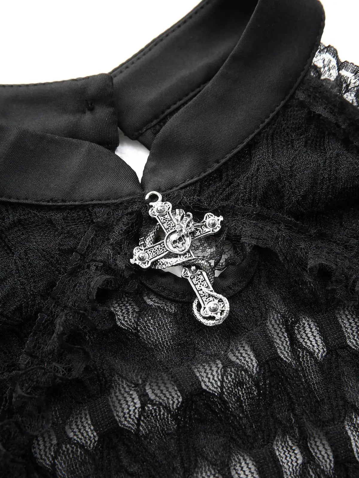 New Gothic Cold Shoulder Tops Women's Crochet Mesh Semi See Through Shirt with Cut Out Panels, Twist Front Cropped T-Shirt