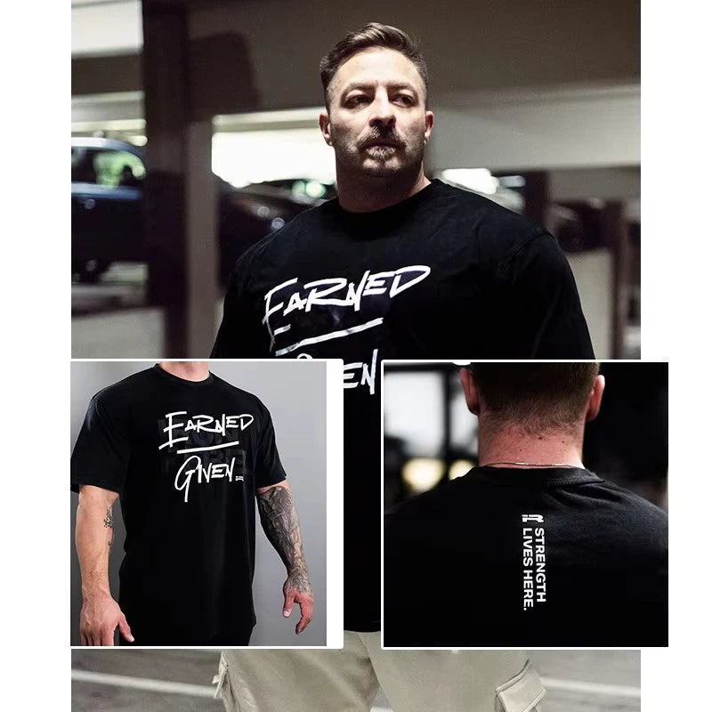 Apex Ritual – Earned Not Given メンズジムTシャツ – 太字テキスト オーバーサイズクルーネック リフティングTシャツ