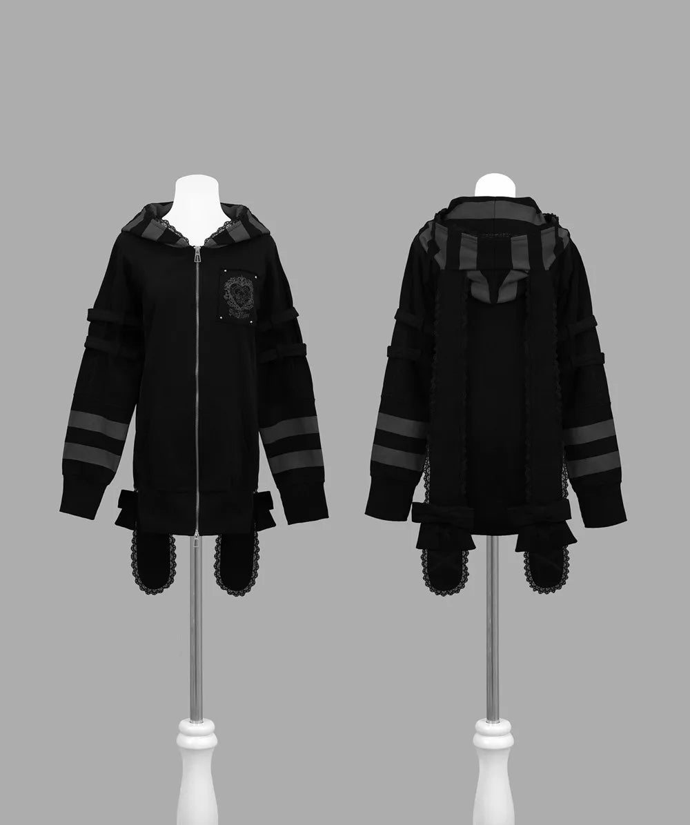 Japanese Harajuku Style Bow Sweet Cool Long-Ear Hooded Lace Trim Color-Block Zipper Long Cardigan Coat Gothic Hoodie Jacket