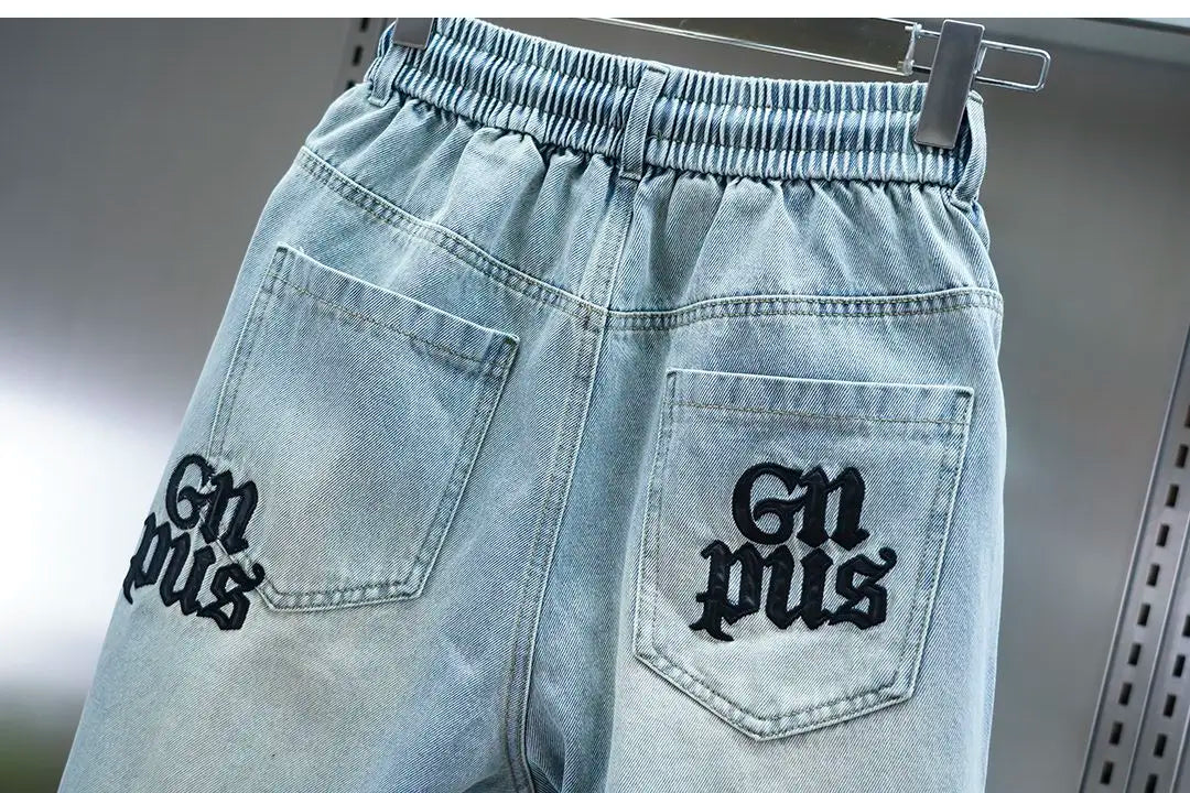 American high-street letter embroidered washed denim jeans fashion loose-fitting jogger harem pants slim-fit casual pants