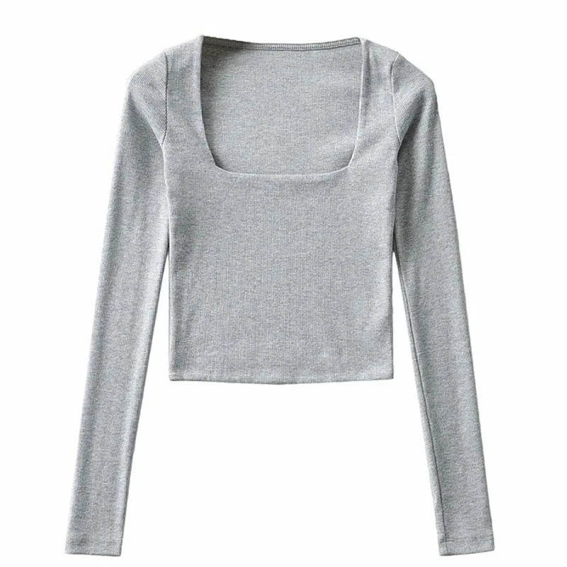 Women's Ribbed Square-Neck Long-Sleeve Crop Top