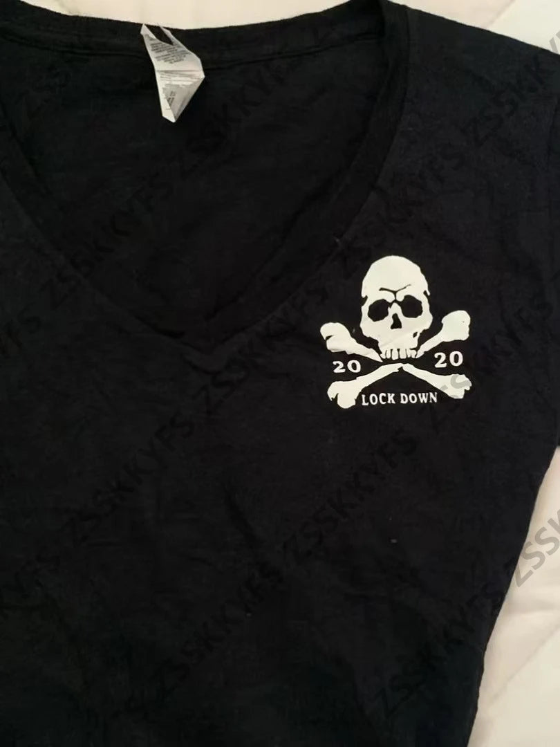Gothic Skull Print Hot Girl Woman Clothes 2000s T shirt Y2k Summer Harajuku Kawaii Short-sleeved V-neck Tees Sexy Streetwear emo