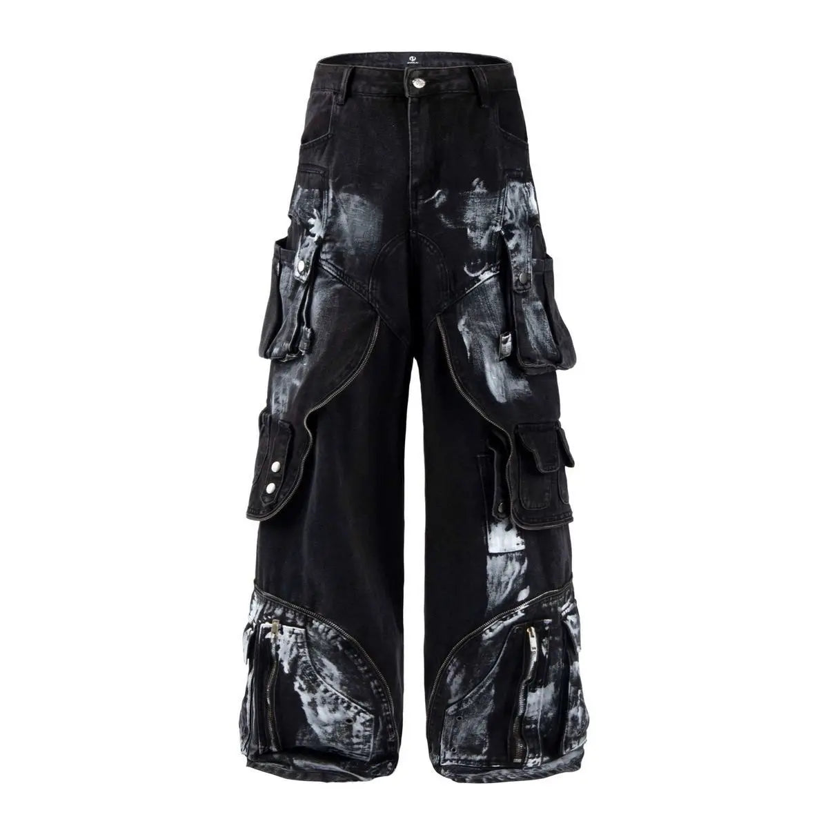 American Oversized Retro Pocket Folding Jeans For Men And Women Washed Tie Dye Heavy Industry Gothic Hip-Hop Zipper Loose Jeans