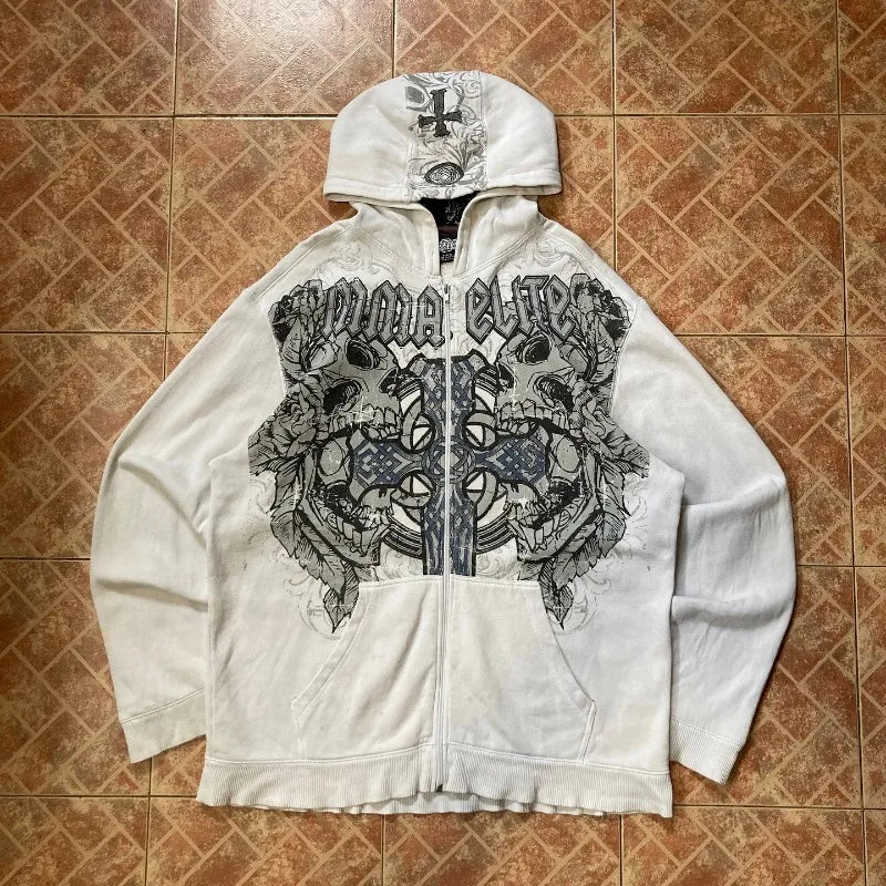 2025 American Vintage Oversized Skull Graphic Zipper Hoodie Men Y2K Harajuku Hip Hop Gothic Couple Casual Joker Sweatshirt Coats