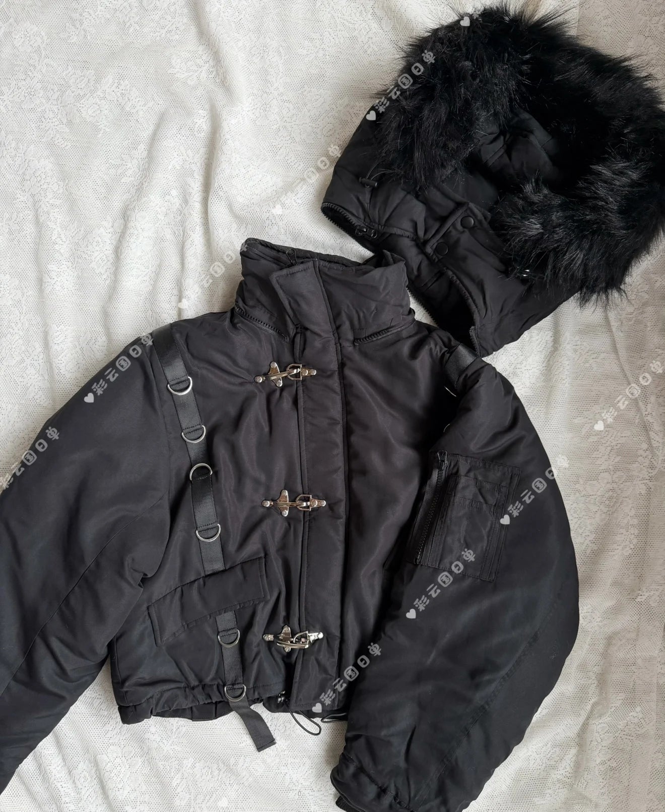 Subculture Gothic Dark Black Shorts Parkas Winter New 2025 Girls' Sweet Cool Fashion Punk Style Metal Button Hooded Coat Jacket