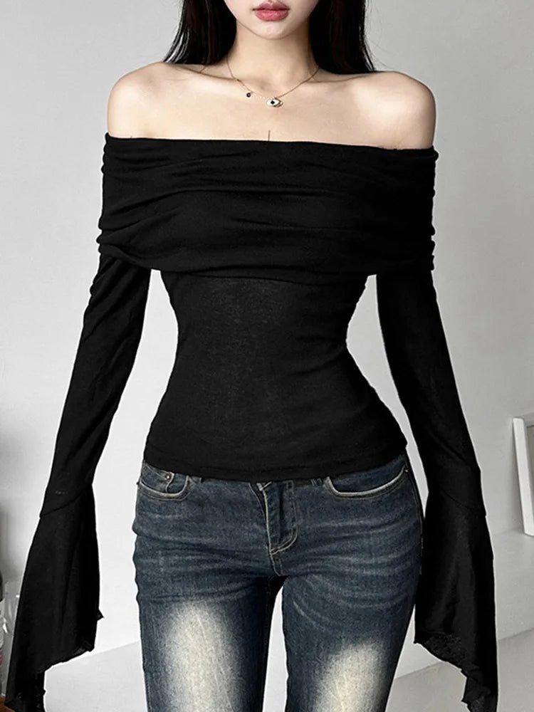 Y2k Aesthetic Simple Fashion Women's Tee Shirts Slash Neck Long Sleeve Solid Casual T-Shirts Vintage Off Shoulder Trendy Tshirts