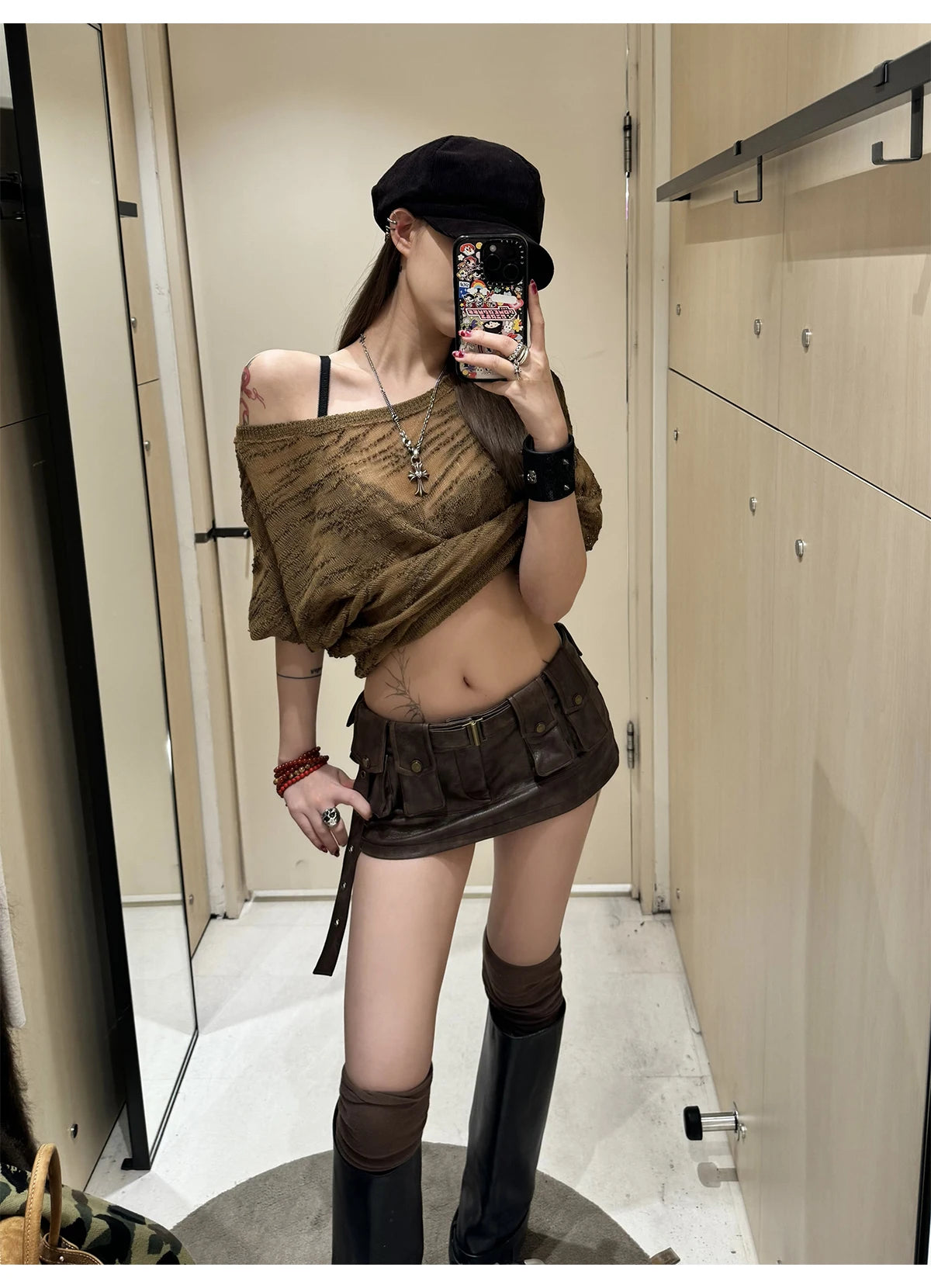 Lautaro Spring Summer Cool Sexy Vintage Distressed Brown Pu Leather Mini Skirt Women Three-dimensional Pockets Belt Streetwear