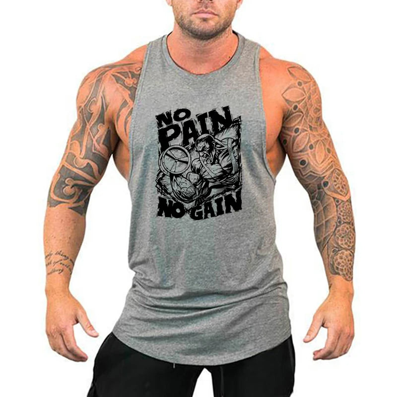 NO PAIN NO GAIN Men Running Vests Summer Cotton Gym Fitness Tank Tops Bodybuilding Training Exercise Clothing Muscle Singlets