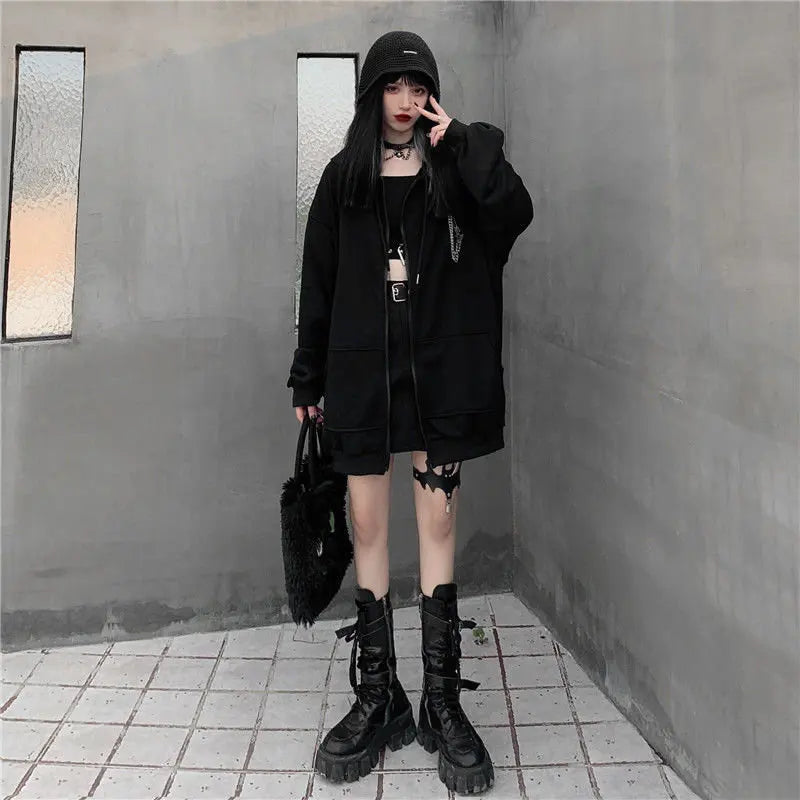 Autumn Womens Harajuku Punk Gothic Girls Black Devil Horn Hoodies Sweatshirt Hooded Japanese Hip Pop Plus Size Top Y2k Clothes
