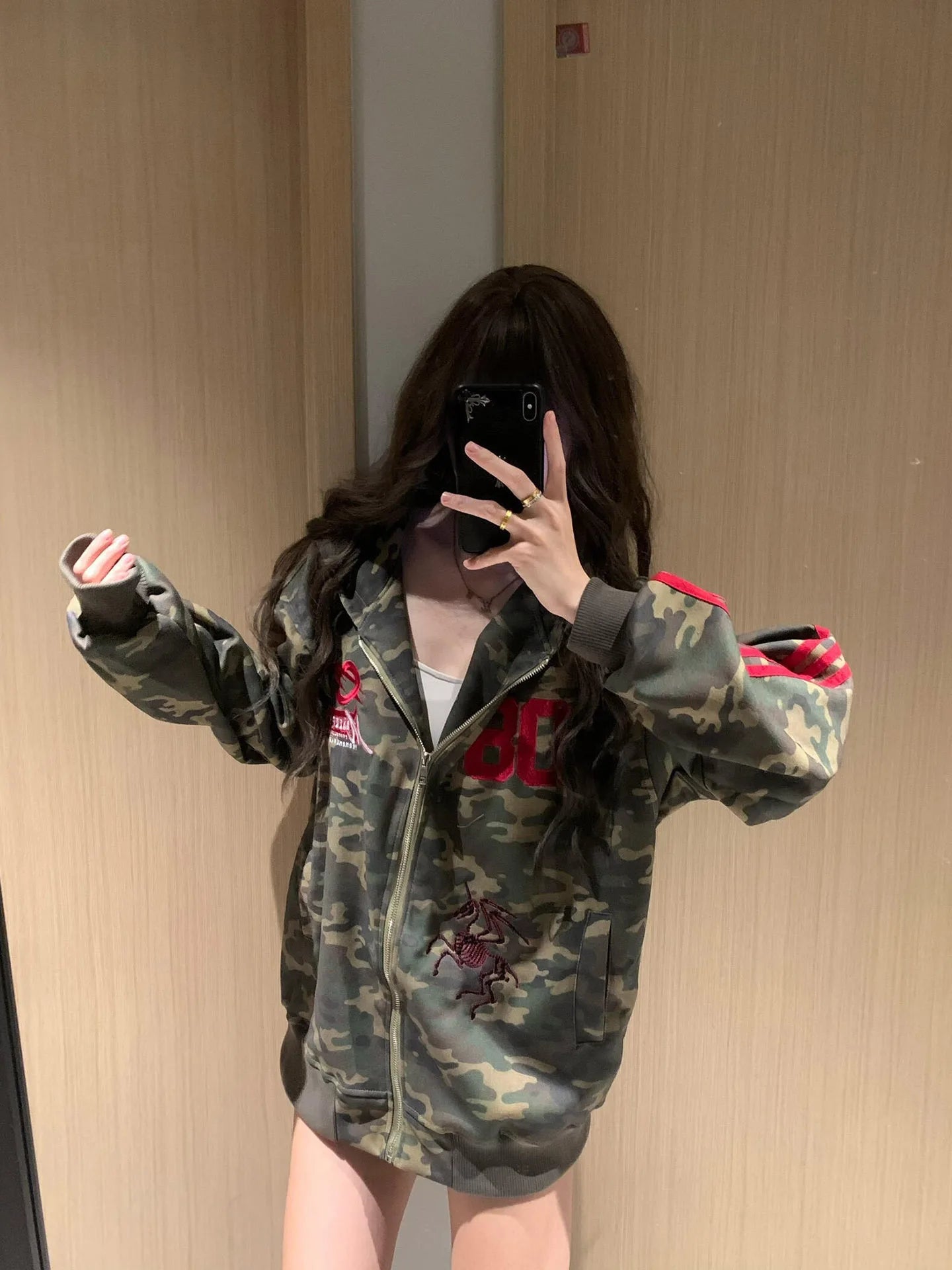 Apex Ritual – アメリカンレトロ迷彩パーカー女性 – 韓国風オーバーサイズカーディガン
