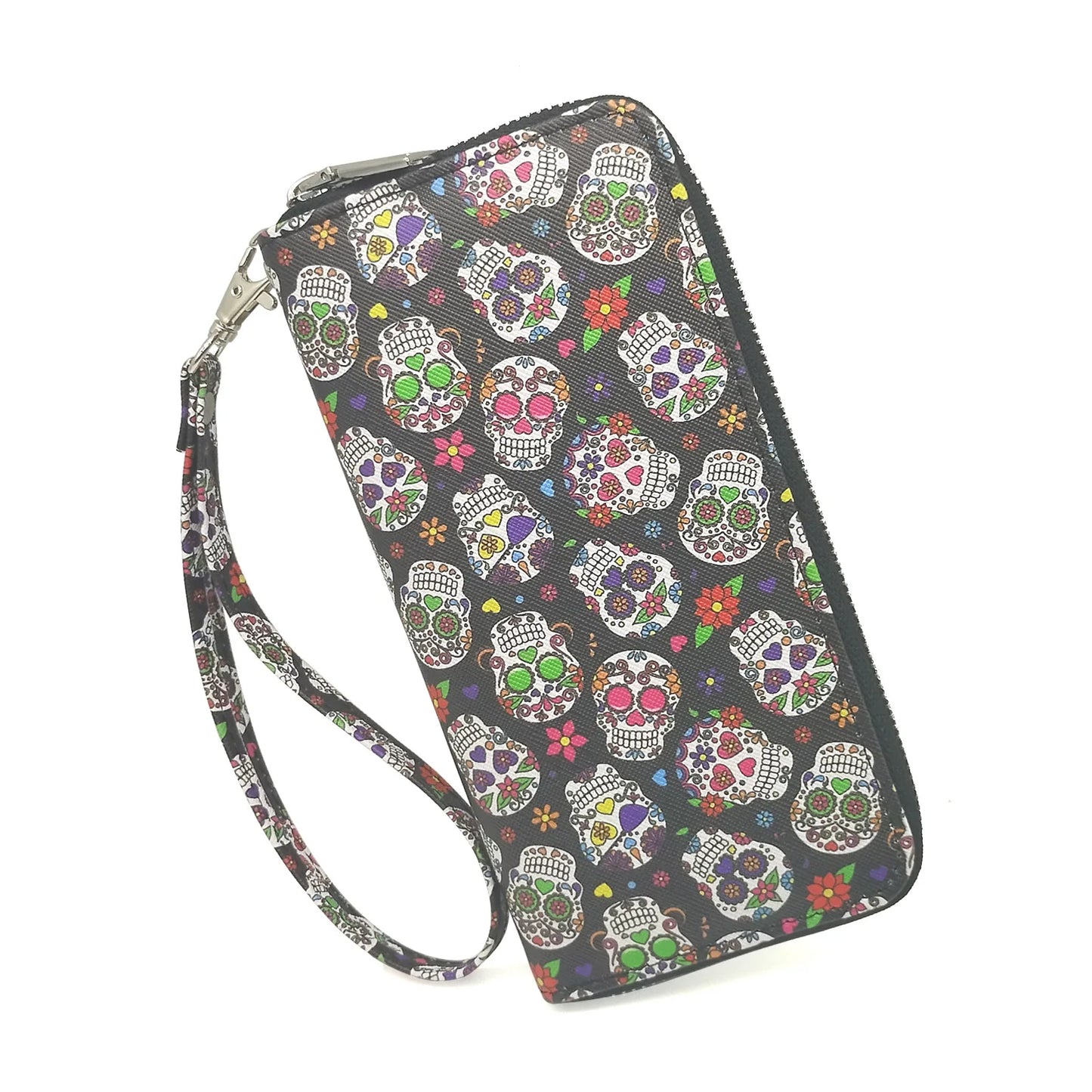 Trendy Gothic Skull Pattern Long Wallet, Portable Multi-card Slots Card Holder With Wristbands, Perfect Halloween Wrist Purse Fo