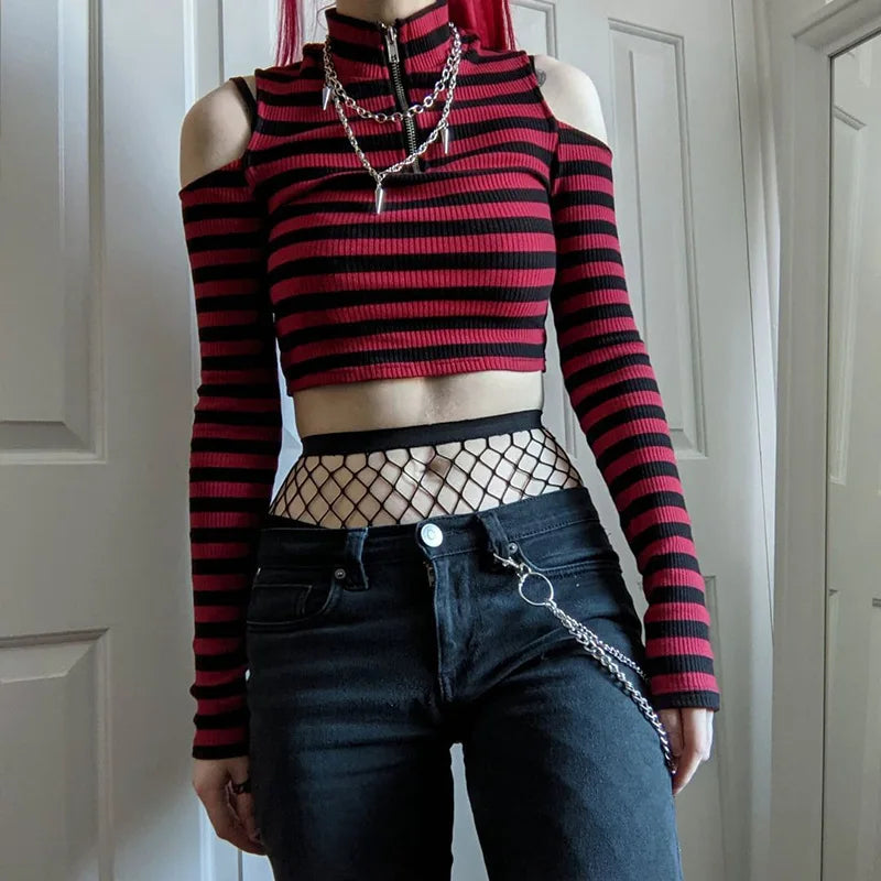Grunge Striped Mall Gothic Basic T-shirts Punk E-girl Aesthetic Bodycon Casual Crop Tops Long Sleeve Open Shoulder Tee Gothic