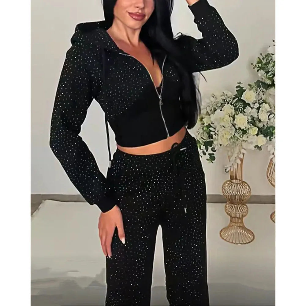 Apex Ritual – Hot Drilling Design Hoodie – High Waist Long Pants Fashion Casual Women's Tracksuit