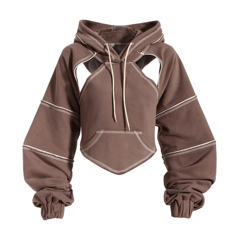 Color Blocking Bright Line Decoration Women High Street Hoodies Y2K Clothes Harajuku Hollow Out Back Lace-up Long Sleeve Tops