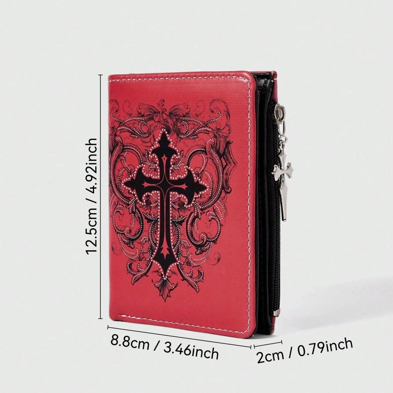 Gothic Red Unisex Wallet, Punk Cross Pattern Design, Zipper Coin Purse & Fashion Card Holder for Casual Daily Use