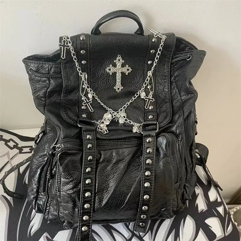 Gothic Y2k Backpack Black Grunge School Bags Pu Leather Cross Skeleton Punk Backpack Aesthetic Fashion Female Vintage Backpack