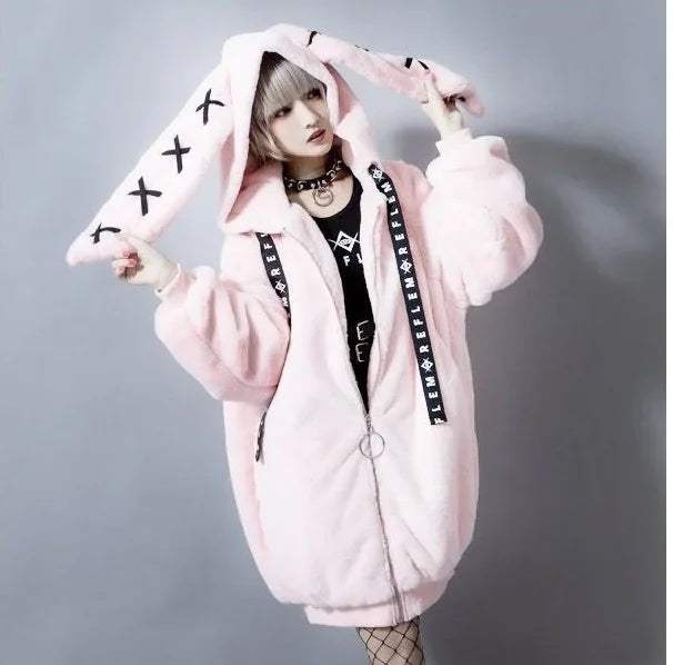 Japanese Harajuku Rabbit Ears Fur Purple Coat for women 2023 Winter New Women's Dark Punk Mid-Length Zipper Plush Coats Street