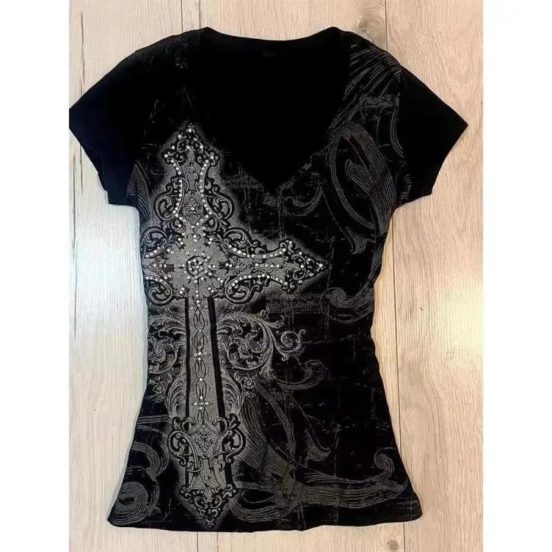 American Retro Fake Two Piece T-shirts Off Shoulder Short Sleeve Y2k Slim Fit Top Tee Skull Print Harajuku Streetwear 2026
