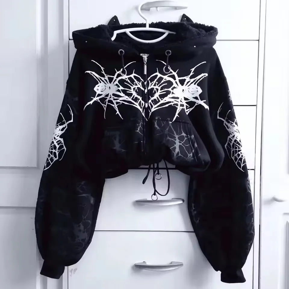 Goth Fashion Hoodie Women Y2K Oversized Graphic Print Dark Aesthetic Punk Harajuku Casual Sweatshirt Fashion Long Sleeved Jacket