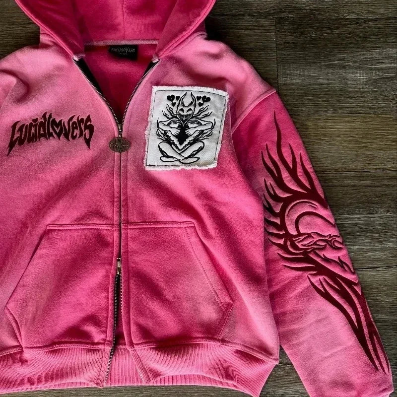 New Gothic geometric print red gradient zipper hoodie women fashion high street fur collar loose sweatshirt for men and women