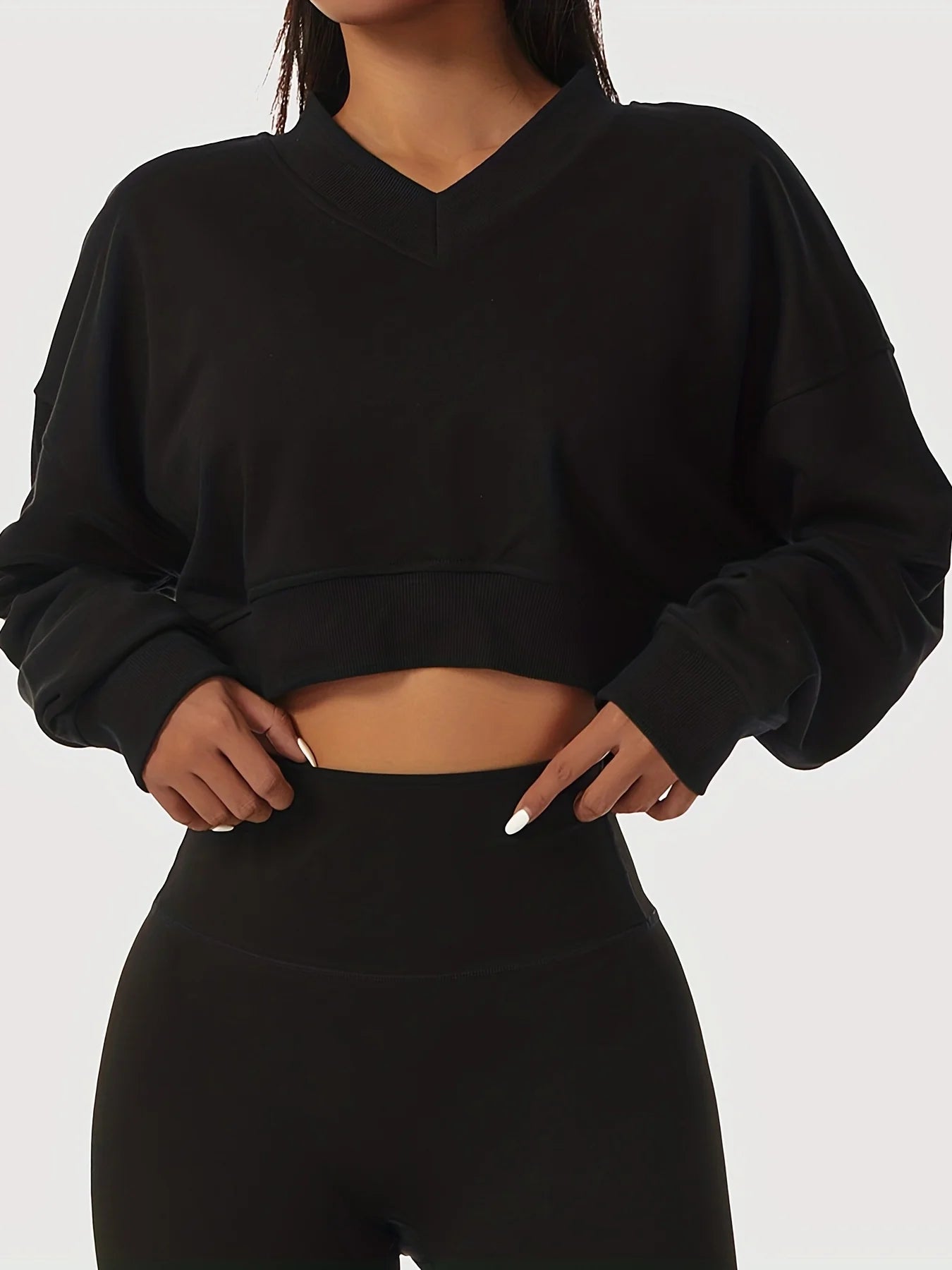 womens solid cropped long sleeve sweatshirts casual v neck pullover sports t shirts tops womens clothing