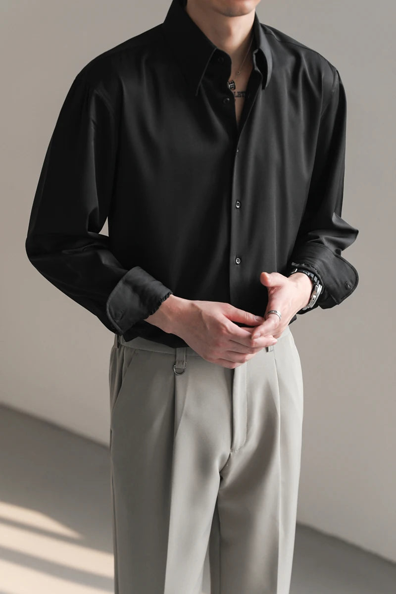 Black White Shirt Men Fashion Social Mens Dress Shirt Korean Loose Long Sleeved Shirt Mens Office Formal Shirts Ice Silk M-2XL