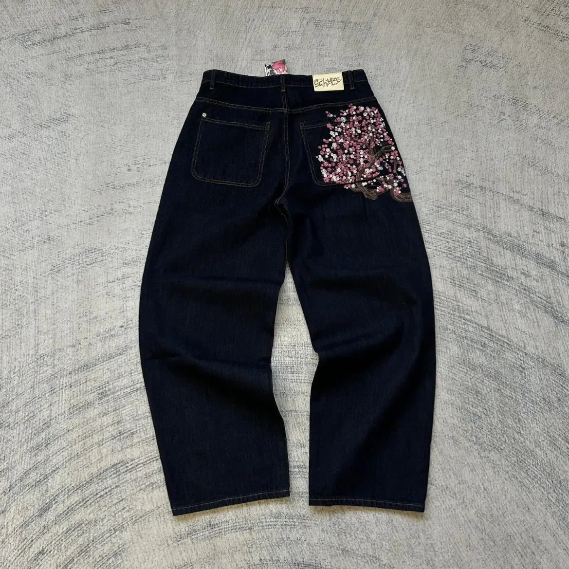 American retro heavy industry men and women black gothic retro casual loose jeans High street coated micro-flare jeans