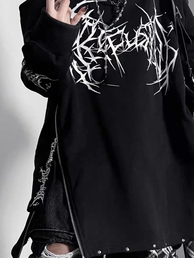 Vintage Black Printing Punk T-Shirt Women Harajuku Off Shoulder Grunge Tops Vintage Oversized Y2k Aesthetic Zipper Tees 2026