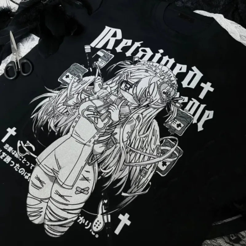 Kimutomo Women T Shirts Cartoon Printed Short Sleeve Loose Sweet Funny Y2k Aesthetic Harajuku Tops Grunge Gothic Ladies Casual