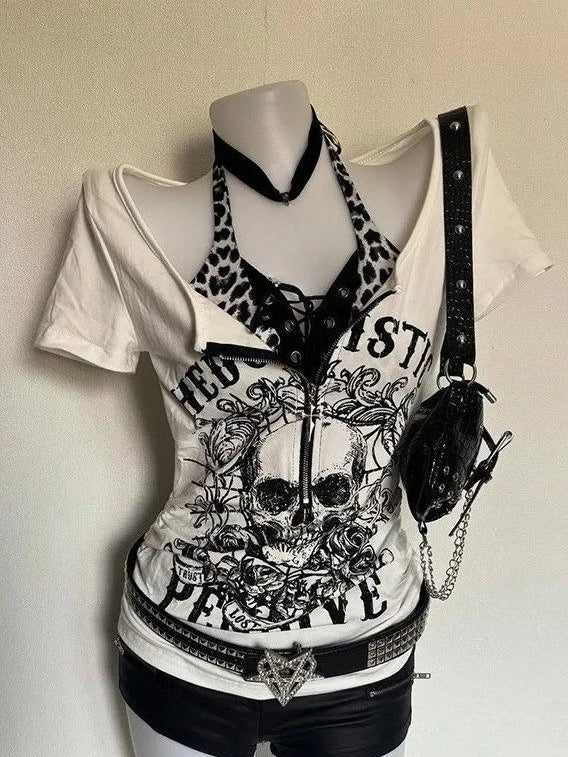 Women's Subculture Skull Print Fake Two-Piece T-Shirt Summer Gothic Slim Fit Halter Tops Y2K Harajuku Grunge Punk Fashion Tees