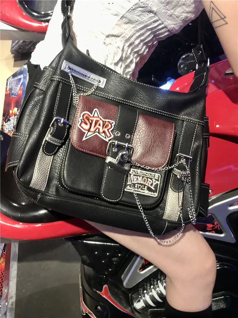 Women Y2k Star Crossbody Bag Pu Leather Fashion Girls Chain Messenger Bags For Students Patchwork School Bag Motor Style 2024