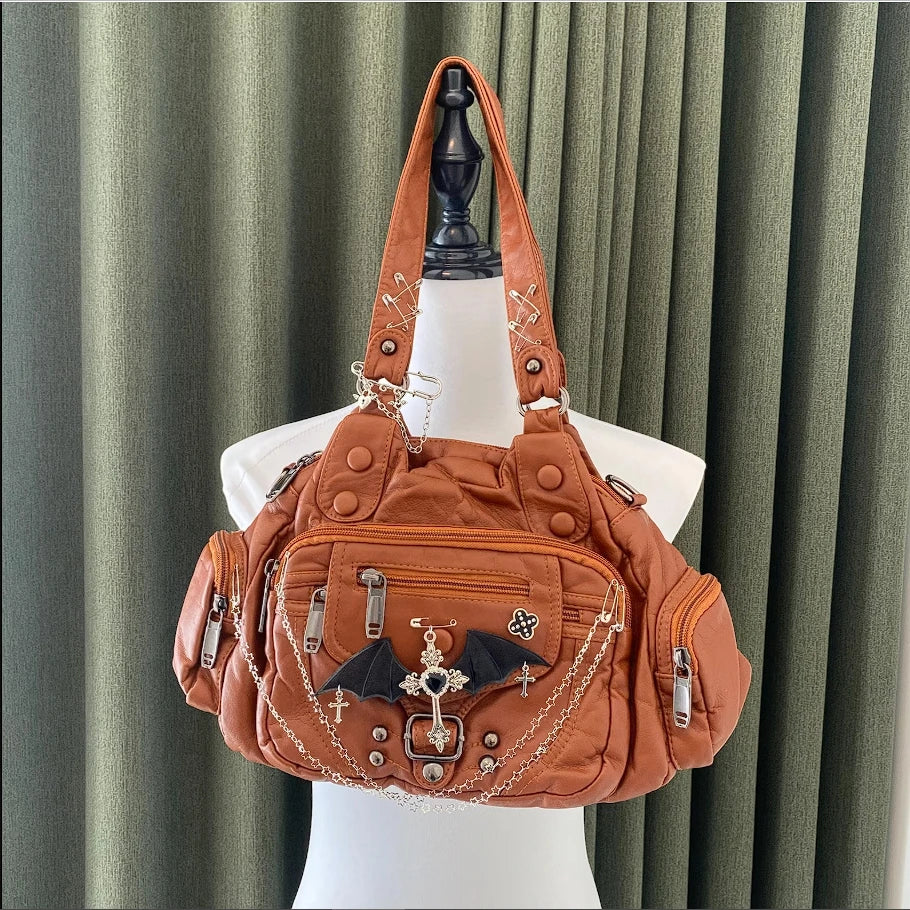 Y2K PU leather Tote bags original Shoulder bags Unique cute crossbody bag Retro Large Capacity Handbag gothic purse for women