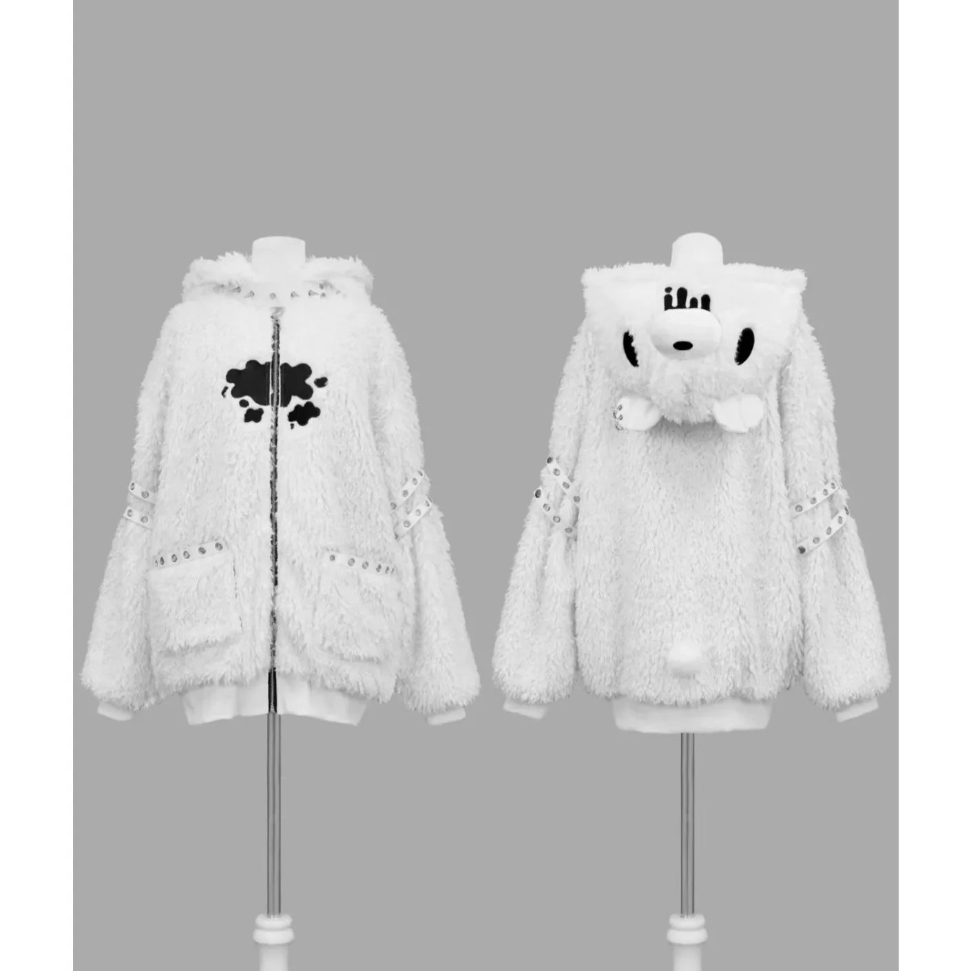 Japanese Gothic Hooded Plush Coat New Autumn Winter Subculture Cool Girl Women's Punk Rivet Lamb Wool Hoodie Jacket Zipper Coat