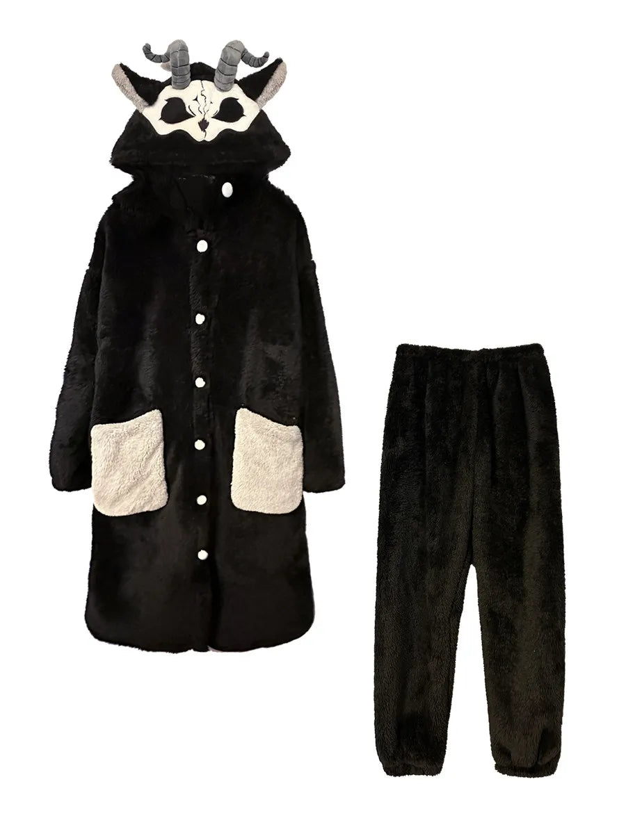 Virtual Alice Dark Gothic Demon Death Skull Horned Hooded Robe Thickened Coral Fleece Winter Warm Long Sleepwear Loungewear