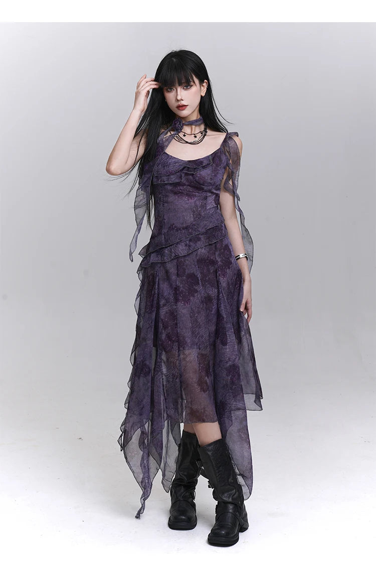 Women's Purple Tie-Dye V-Neck Midi Dress