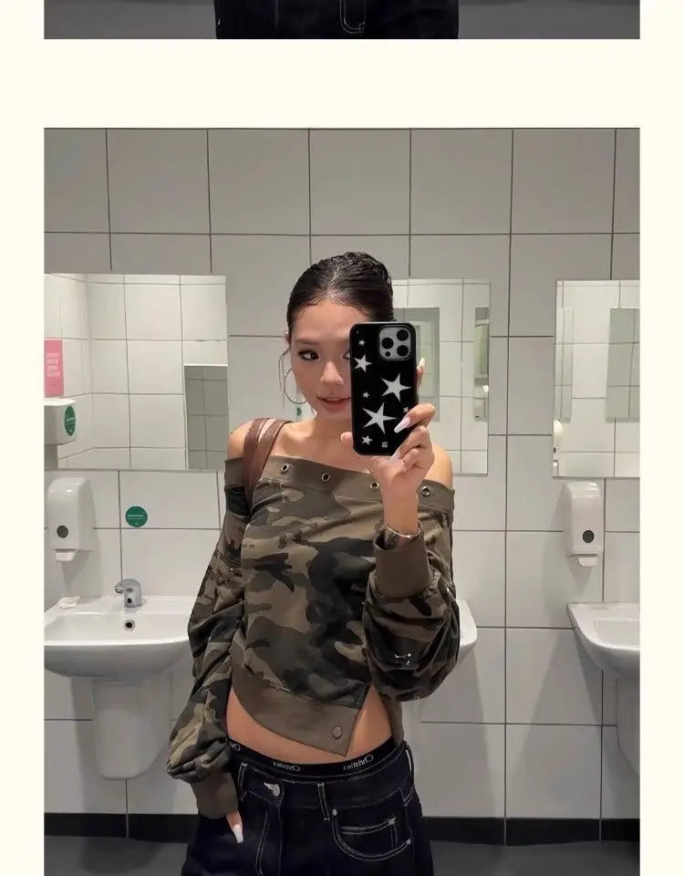 Camouflage Off Shoulder Long Sleeve Sweatshirt For Women Autumn Sexy Personality Design Slim Fit One Character Shape Short Tops
