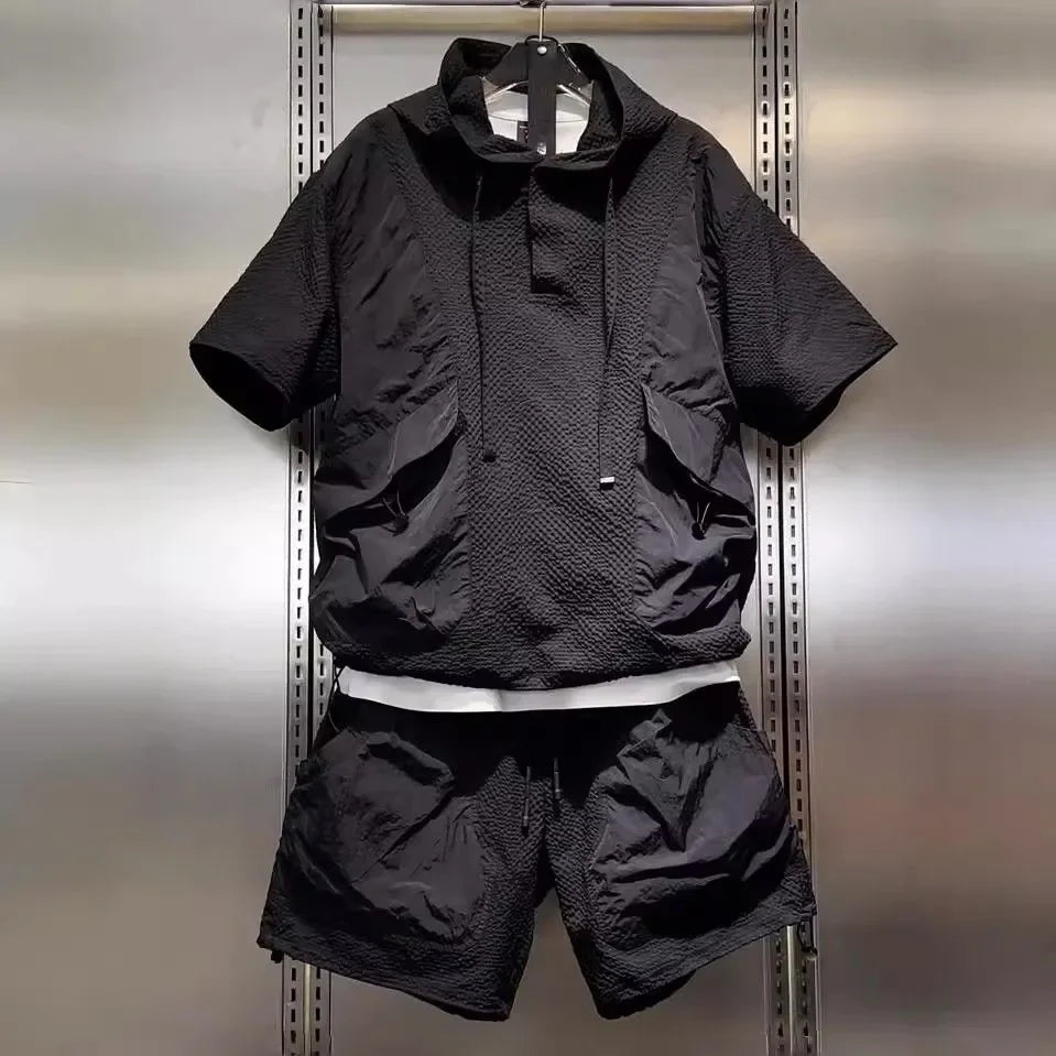 Fashionable Workwear Breathable Quick-drying Sports Suit Men's Textured Casual Hooded Short-sleeved Shorts Two-piece Set