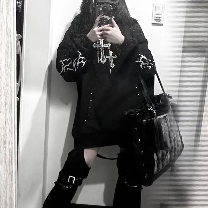 Kimutomo Hoodies Women Autumn Winter Fashion Y2k Aesthetic Harajuku Grunge Gothic Cross Printed Loose Sweatshirts Female
