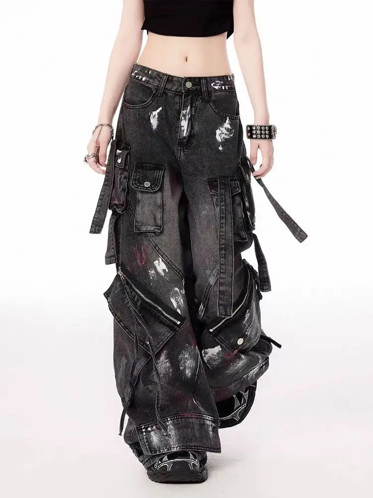 American Gothic Heavy-Industry Multi-Pocket Ripped Black Jeans Retro Fashion Men and Women Loose Wide Legs Casual Pants