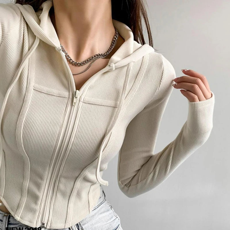 Apex Ritual – Thin Hooded Cardigan Women – Korean Vintage Slim Summer Striped Zipper Crop Top