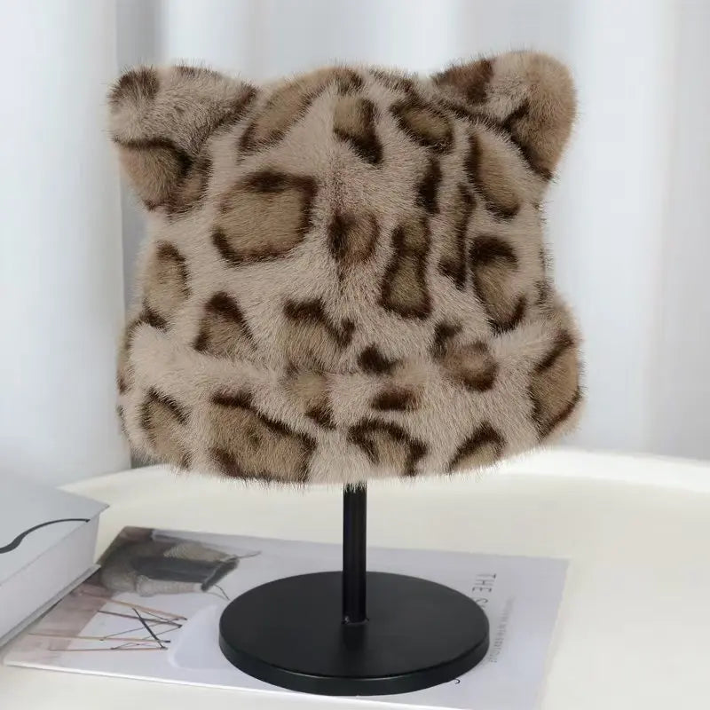 Women's Winter Cute Beanies Hats Fake Fur Keep Warm Leopard Print Rolled Edge Beanie Caps