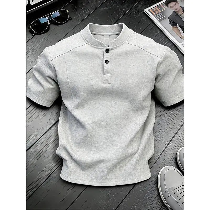 White Henry Collar Shirt Men's Summer Splice Design Short Sleeve Cleanfit Heavyweight Half Sleeve Business Casual T-Shirt
