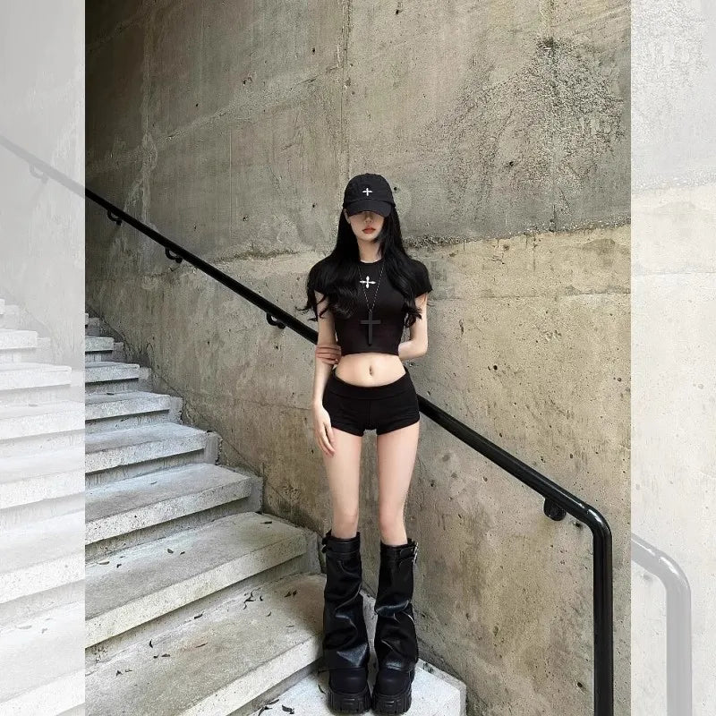 Spicy Short Sleeve Cotton T-Shirt Women's Summer Slim Fit Black Printed Top Korean Style Commute Fashion Belly Button Outfit
