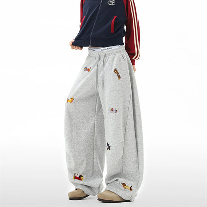 Women's Sausage Dog Embroidered Fashion Loose Trousers 2026 Summer New High Street Casual Pants Comfortable Straight Sweatpants