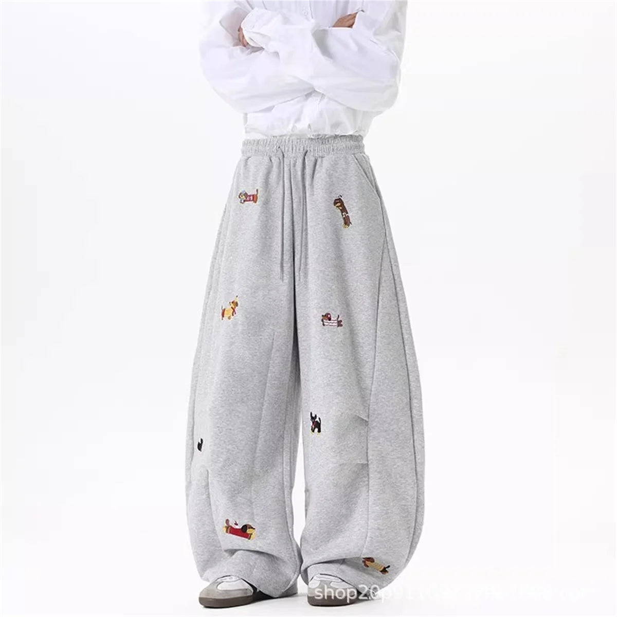 Women's Sausage Dog Embroidered Fashion Loose Trousers 2026 Summer New High Street Casual Pants Comfortable Straight Sweatpants
