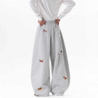 Women's Sausage Dog Embroidered Fashion Loose Trousers 2026 Summer New High Street Casual Pants Comfortable Straight Sweatpants